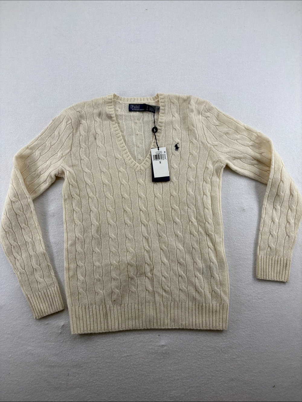 Ralph Lauren Cashmere Blend Cream Cable Knit V-Neck Sweater - Size Small